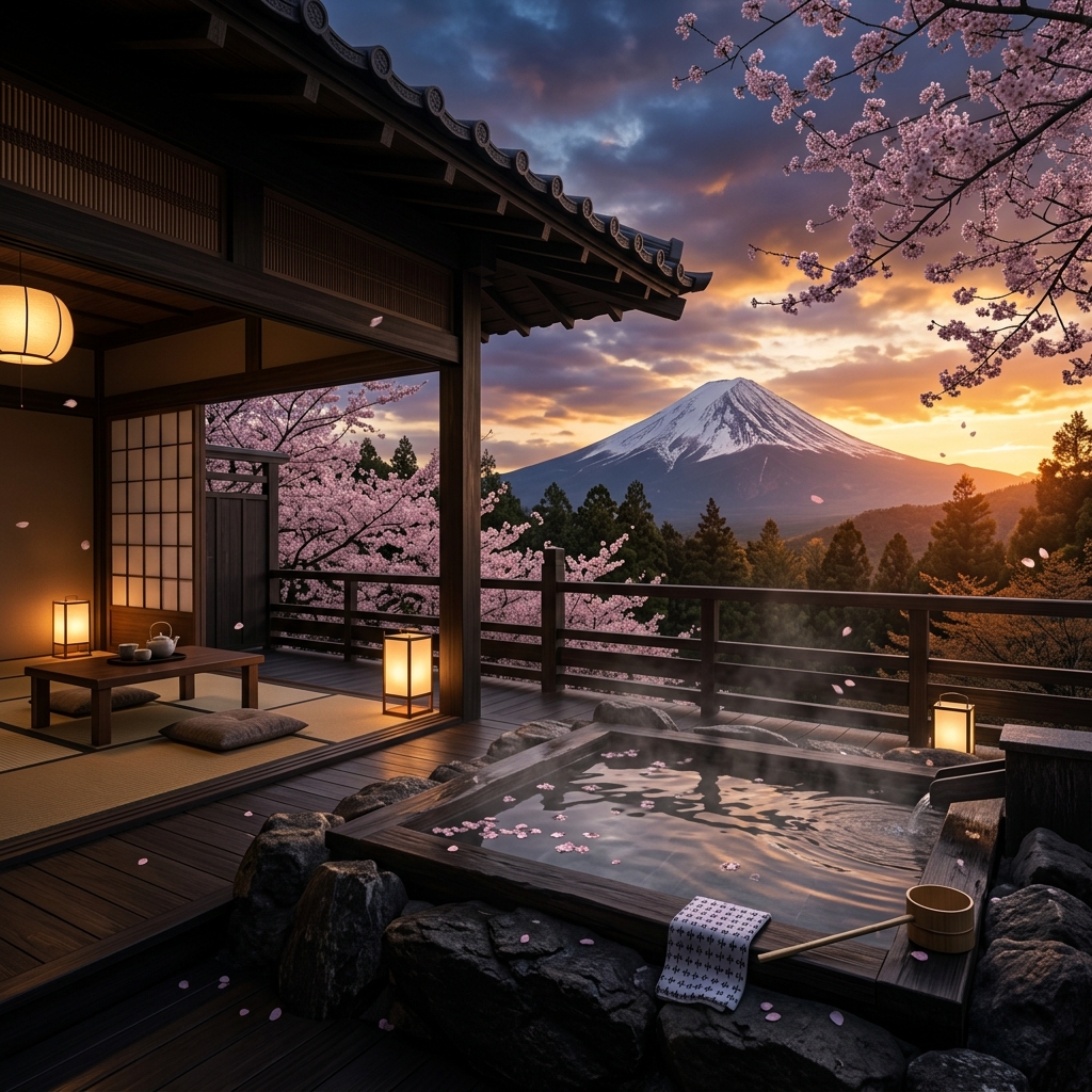 Luxury Ryokan overlooking Mount Fuji at sunset